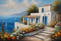 Oil painting on canvas house near the sea summer canvas greek Royalty Free Stock Photo