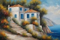 Oil painting on canvas house near the sea summer canvas greek Royalty Free Stock Photo