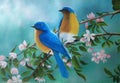 Original oil painting on canvas of a pair of birds perched on a flower branch Royalty Free Stock Photo