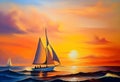 Oil painting on canvas , sailboat against a background of sea sunset Royalty Free Stock Photo