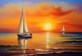 Oil painting on canvas , sailboat against a background of sea sunset Royalty Free Stock Photo