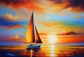 Oil painting on canvas , sailboat against a background of sea sunset Royalty Free Stock Photo