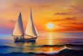 Oil painting on canvas , sailboat against a background of sea sunset Royalty Free Stock Photo