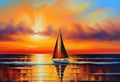 Oil painting on canvas , sailboat against a background of sea sunset Royalty Free Stock Photo