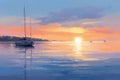 oil painting on canvas of a sailboat at sunset on the sea Royalty Free Stock Photo