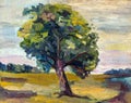 An oil painting on canvas of a seasonal autumn rural landscape with alone colorful old pear tree Royalty Free Stock Photo