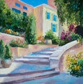 Oil painting on canvas - stone stairs in the Greek city, flowers