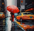 oil painting on canvas, street view of New York, woman under an red umbrella, ai generated