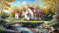 Oil painting on canvas summer landscape with wooden old house near river, beautiful flowers and trees Royalty Free Stock Photo