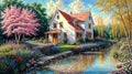 Oil painting on canvas summer landscape with wooden old house near river, beautiful flowers and trees Royalty Free Stock Photo