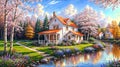 Oil painting on canvas summer landscape with wooden old house near river, beautiful flowers and trees Royalty Free Stock Photo