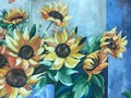 Oil painting on canvas of sunflowers in blue and yellow colors Royalty Free Stock Photo