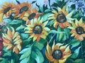 Oil painting on canvas of sunflowers in blue and yellow colors Royalty Free Stock Photo