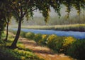 Oil painting on canvas sunny road in spring park forest