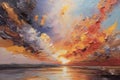 Oil painting on canvas of sunset over the sea. Royalty Free Stock Photo