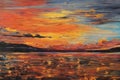 Oil painting on canvas of sunset over the sea with reflection in water Royalty Free Stock Photo