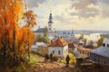 Oil painting on canvas of Vyborg, Vyborg, Russia, Ancient Vitebsk in the autumn Impressionism art, AI Generated