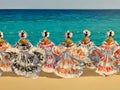 Oil painting on canvas of a woman in magnificent dresses dancing on seashore. art painting hobby