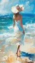 Oil painting on canvas, young woman in hat walking along the seashore on a sunny summer day artistic painting