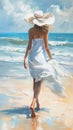 Oil painting on canvas, young woman in hat walking along the seashore on a sunny summer day artistic painting