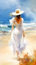 Oil painting on canvas, young woman in hat walking along the seashore on a sunny summer day artistic painting