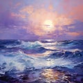 Lavender Symbolism Seascape Abstract Oil Painting With Ocean Waves And Sunset Royalty Free Stock Photo