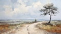 Gestural Landscape Oil Painting With Winding Path And Tree Royalty Free Stock Photo