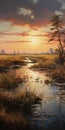 Lifelike Renderings Of Marsh Marsh Sunset In Classic Americana Style Royalty Free Stock Photo