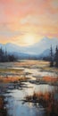 Whistlerian Sunrise On Marsh: Expansive Landscape Oil Painting Royalty Free Stock Photo