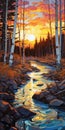 Sunset Stream: A Whistlerian Illustration Of A Birch Tree Forest