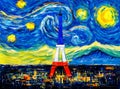 Oil Painting - Eiffel Tower with abstract starry night sky