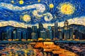 Oil Painting - City View Of Singapore With Starry Night Sky
