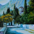 Oil Painting - cityin the mountains, the road surrounded by trees