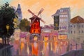 Oil painting cityscape - Moulin rouge, Paris, France. colorful. Royalty Free Stock Photo