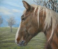 Oil Painting Of A Brown Horse With A Meadow, Trees And Cloudy Sky In The Background, Animal, Nature, Farm