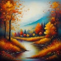 Oil painting colorful autumn landscape background - generated by ai Royalty Free Stock Photo