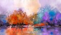 Oil painting colorful autumn season. Semi abstract image of forest, trees with yellow - red leaf and lake with oil paint Royalty Free Stock Photo