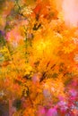 Oil painting colorful autumn season. Semi abstract image of forest, trees with yellow and red leaf with oil paint