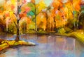 Oil painting colorful autumn trees. Fall season nature background.