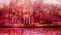 Oil painting colorful autumn trees. Semi abstract image of forest, aspen trees with yellow - red leaf and lake.