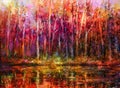 Oil painting colorful autumn trees. Semi abstract image of forest, aspen trees with yellow - red leaf and lake. Royalty Free Stock Photo