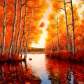 Oil painting colorful autumn trees. Semi abstract image of forest, aspen trees with yellow - red leaf and lake. Royalty Free Stock Photo