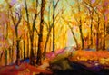 Oil painting colorful autumn trees. Semi abstract image of forest, aspen trees with yellow - red leaf.