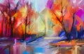 Oil Painting Colorful Autumn Trees. Semi Abstract Image Of Forest, Landscapes With Yellow - Red Leaf And Lake.