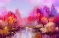 Oil painting colorful autumn trees. Semi abstract image of forest, landscapes with yellow - red leaf and lake. Royalty Free Stock Photo
