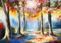 Oil painting - colorful spring landscape, road in the forest.