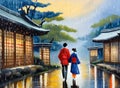 oil painting couple n hold umbrella walking in the rain.