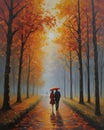 Oil Painting Couple Walking Canvas Autumn Twilight Forest Park