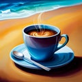 oil painting of a cup of coffee, coast scene, gentry rolling waves