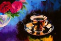 Oil Painting - Cup Of Coffee On A Table Near The Flowers